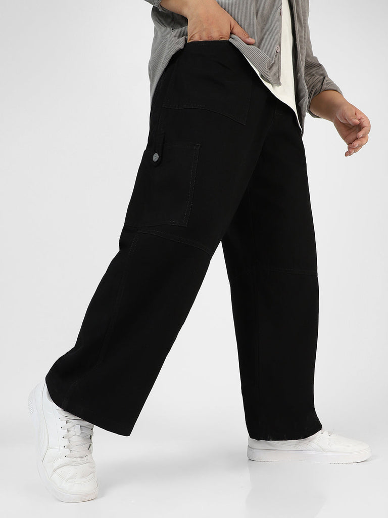 Plus Men's Black Loose Baggy Fit Washed Cargo Jeans with 6 Pockets Non-Stretchable