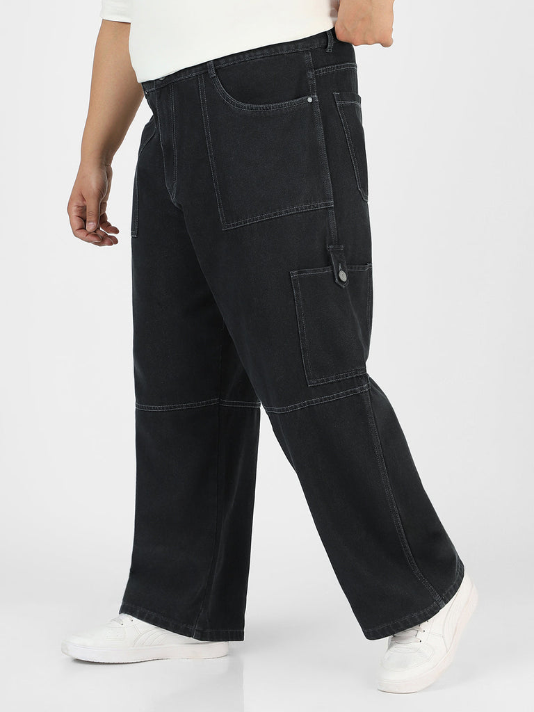 Plus Men's Dark Grey Loose Baggy Fit Washed Cargo Jeans with 6 Pockets Non-Stretchable