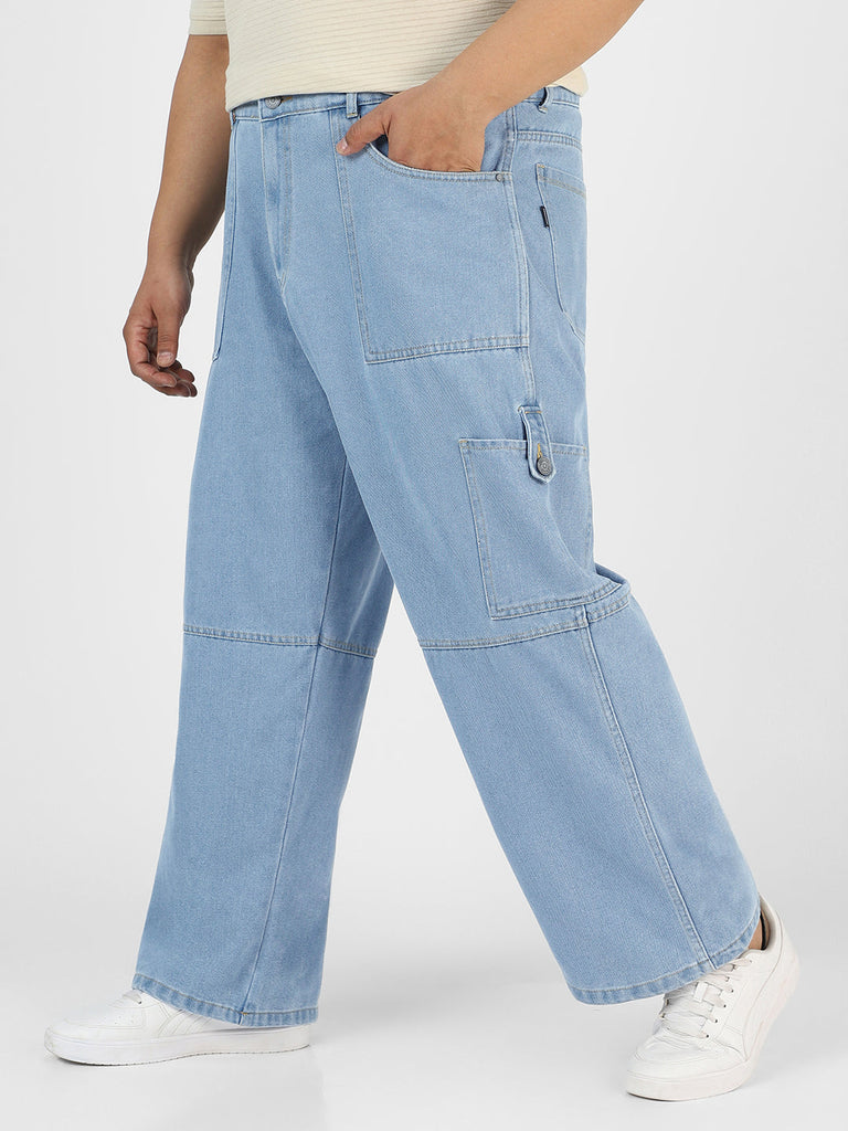 Plus Men's Ice Blue Loose Baggy Fit Washed Cargo Jeans with 6 Pockets Non-Stretchable