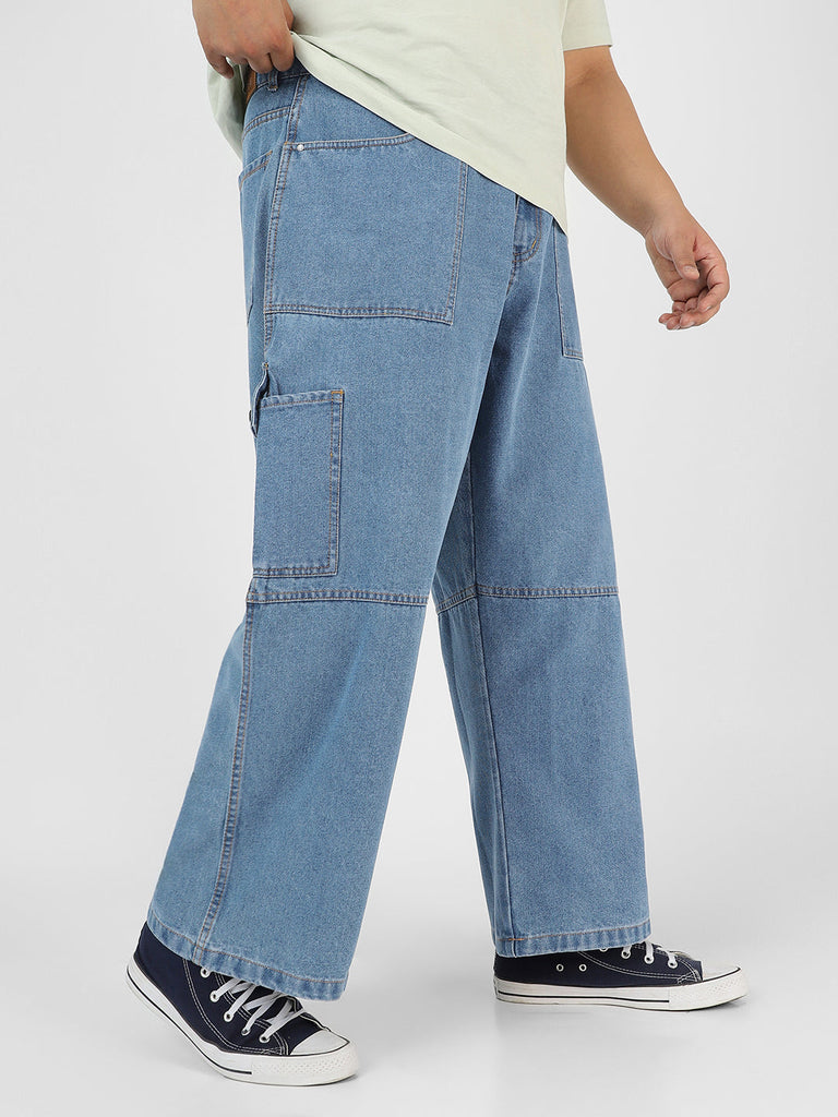 Plus Men's Light Blue Loose Baggy Fit Washed Cargo Jeans with 6 Pockets Non-Stretchable