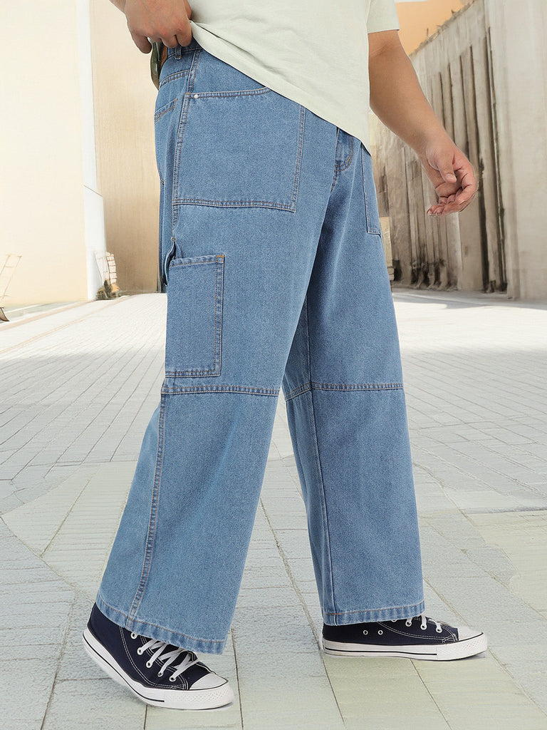 Plus Men's Light Blue Loose Baggy Fit Washed Cargo Jeans with 6 Pockets Non-Stretchable