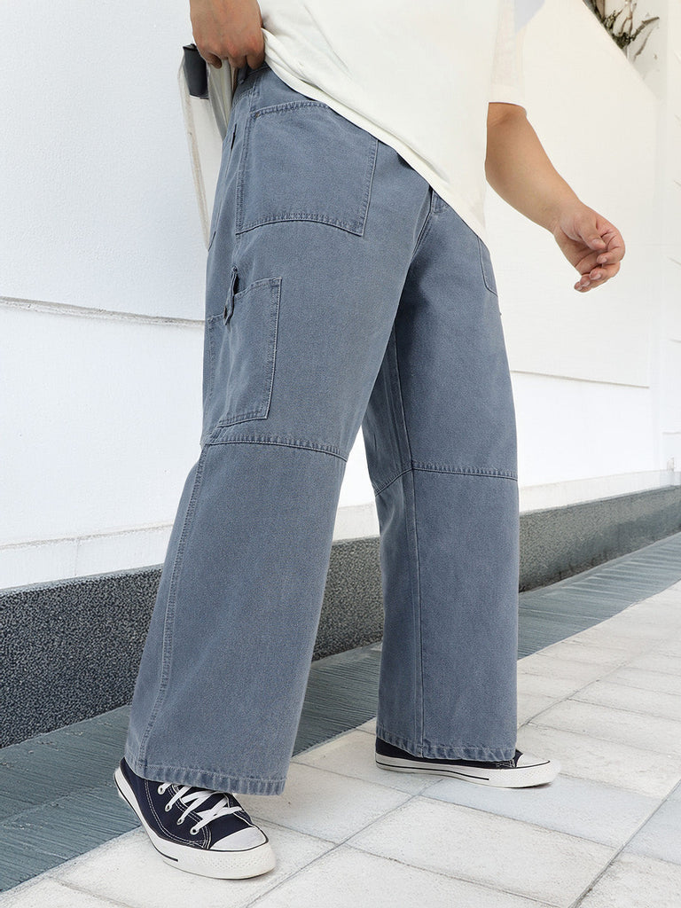 Plus Men's Light Grey Loose Baggy Fit Washed Cargo Jeans with 6 Pockets Non-Stretchable