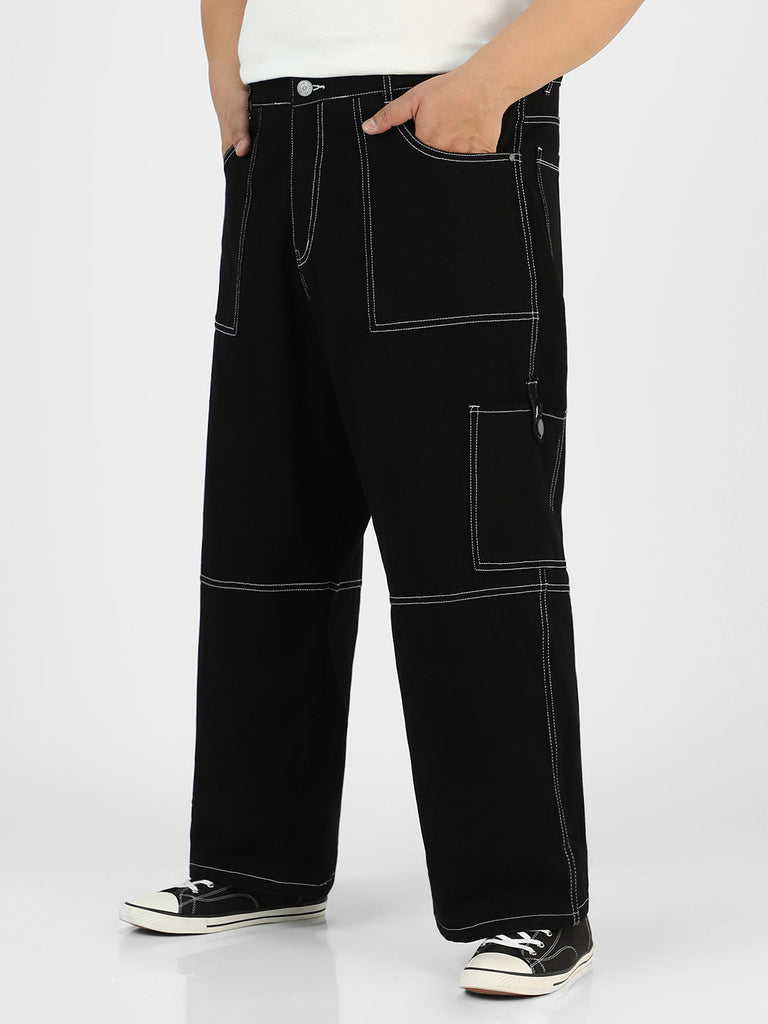 Plus Men's Black Loose Baggy Fit Washed Cargo Jeans with 6 Pockets Non-Stretchable
