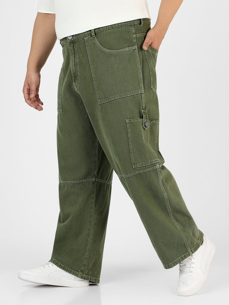 Plus Men's Olive Green Loose Baggy Fit Washed Cargo Jeans with 6 Pockets Non-Stretchable