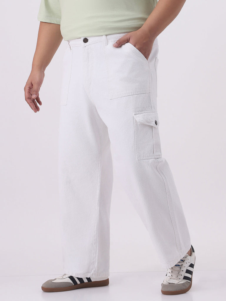 Plus Men White Mid Rise Loose Baggy Fit Cargo Jeans with 6 Pockets Non-Stretchable