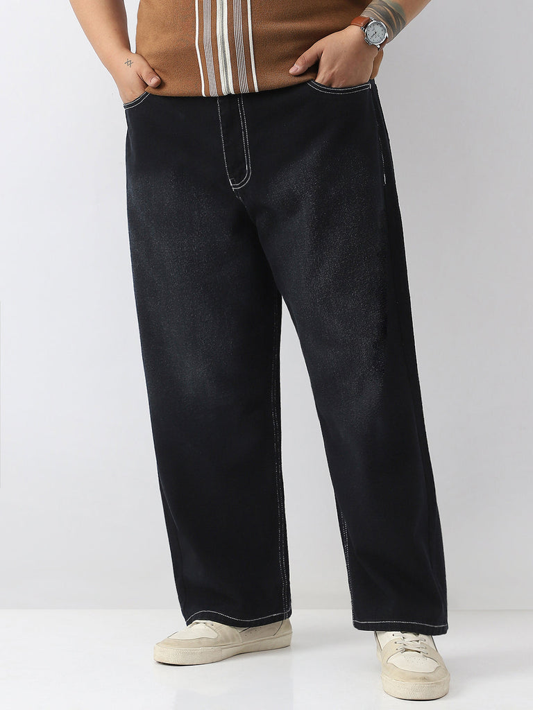 Plus Men's Black Loose Baggy Fit Washed Jeans Non-Stretchable