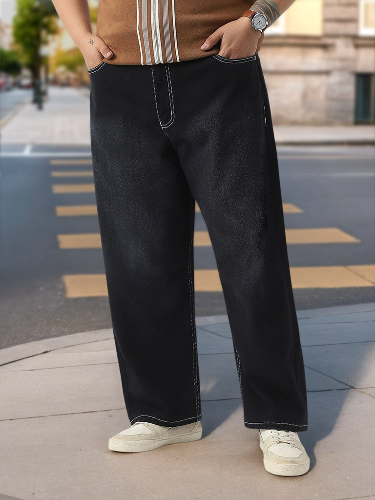 Plus Men's Black Loose Baggy Fit Washed Jeans Non-Stretchable