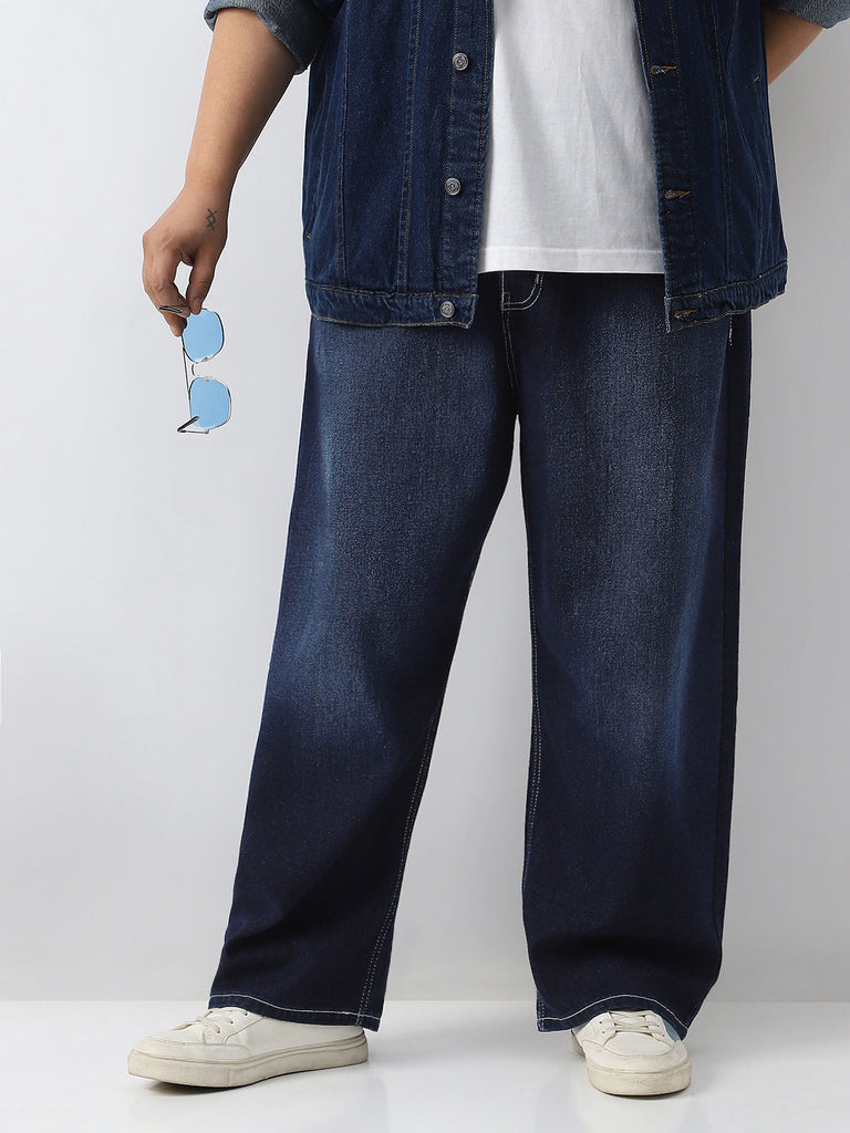 Plus Men's Dark Blue Loose Baggy Fit Washed Jeans Non-Stretchable