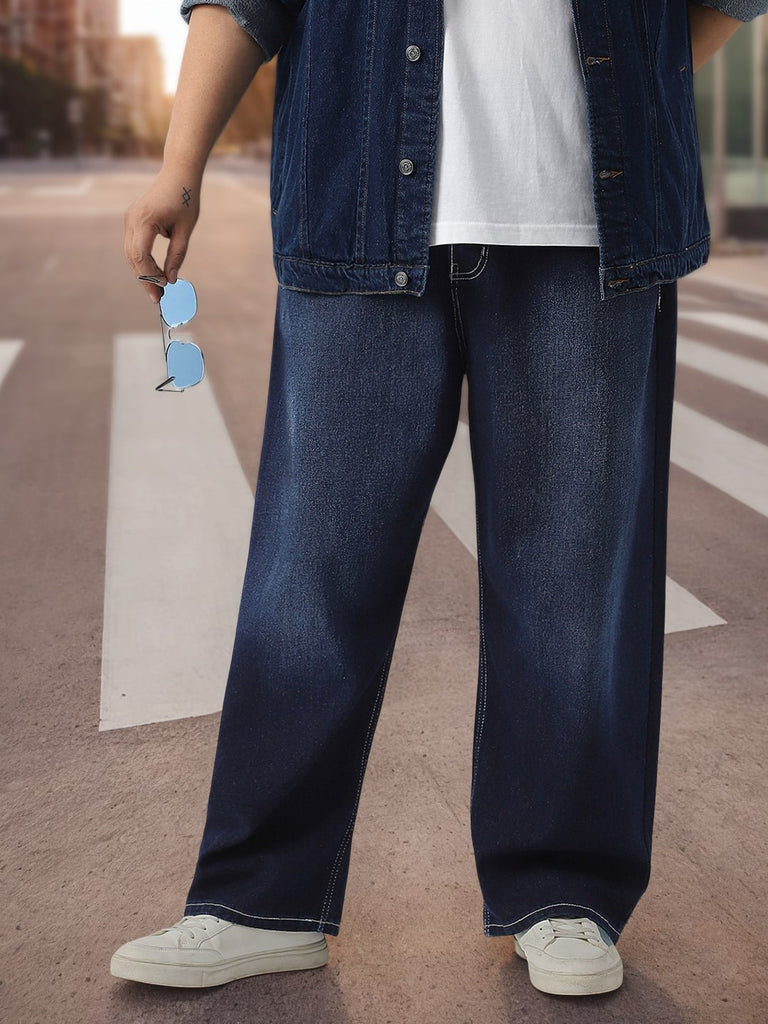 Plus Men's Dark Blue Loose Baggy Fit Washed Jeans Non-Stretchable