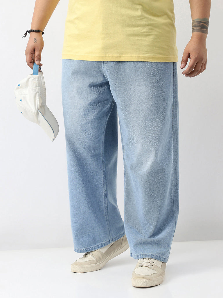 Plus Men's Ice Blue Loose Baggy Fit Washed Jeans Non-Stretchable