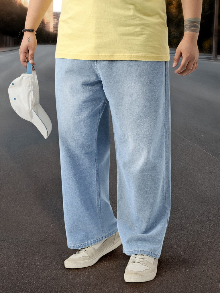 Plus Men's Ice Blue Loose Baggy Fit Washed Jeans Non-Stretchable