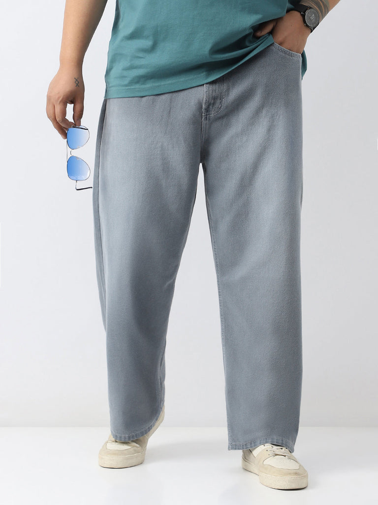 Plus Men's Light Grey Loose Baggy Fit Washed Jeans Non-Stretchable