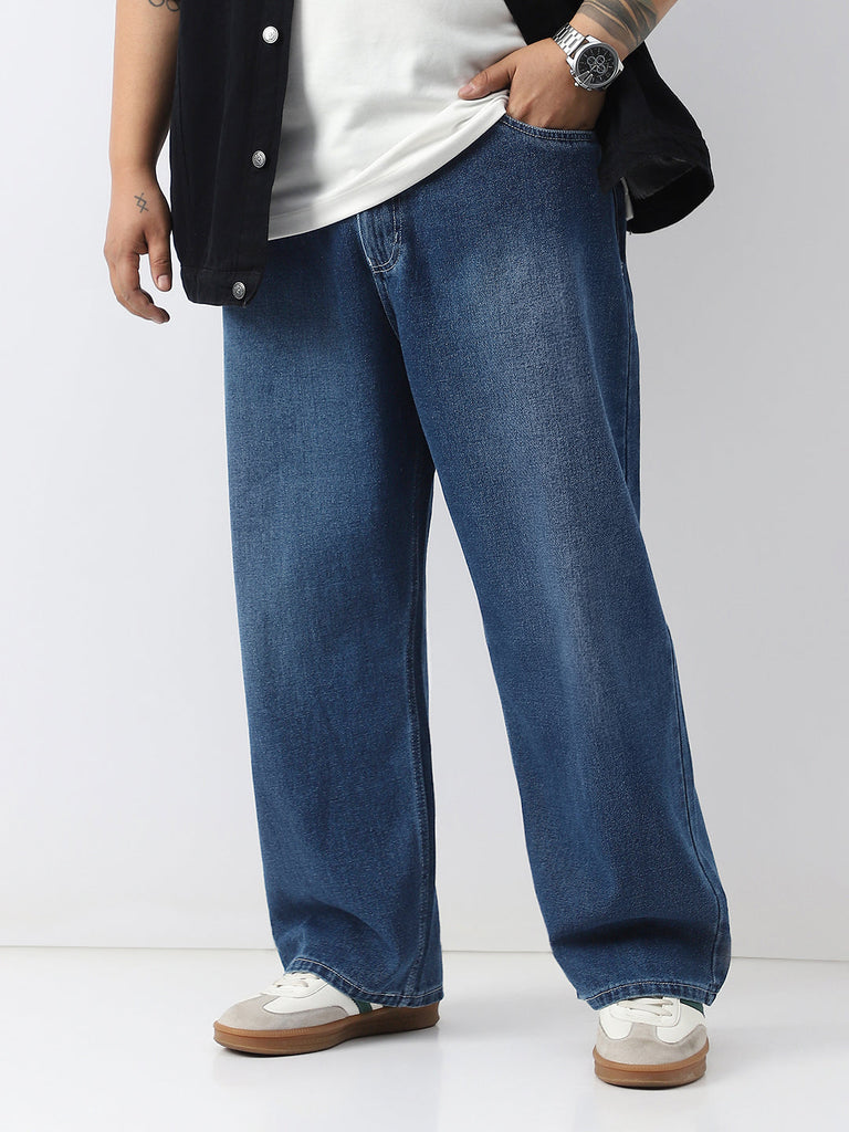 Plus Men's Blue Loose Baggy Fit Washed Jeans Non-Stretchable