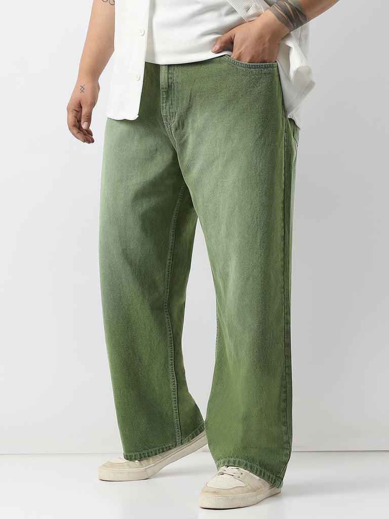 Plus Men's Olive Loose Baggy Fit Washed Jeans Non-Stretchable