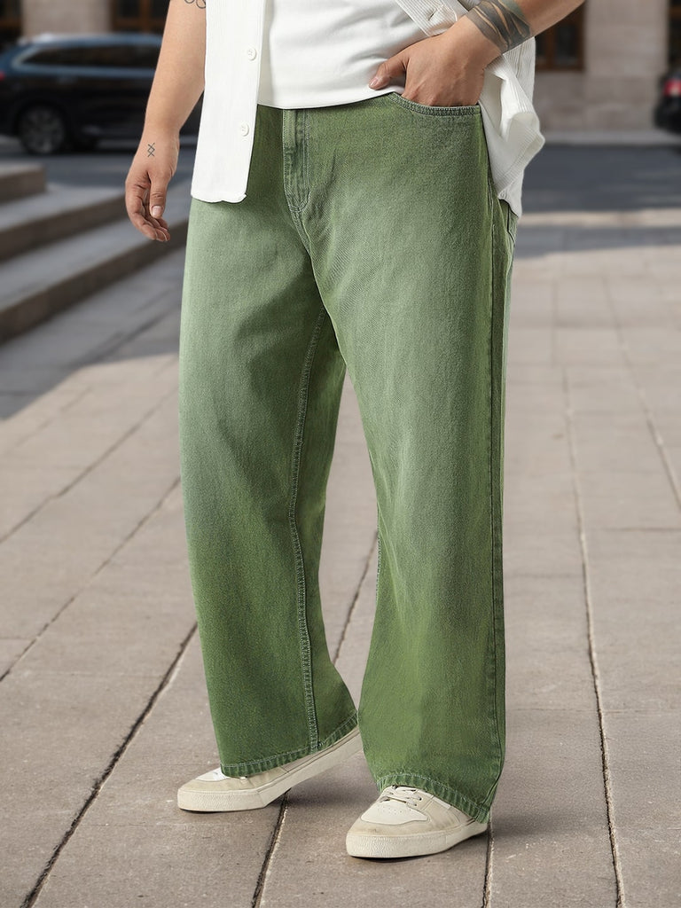 Plus Men's Olive Loose Baggy Fit Washed Jeans Non-Stretchable
