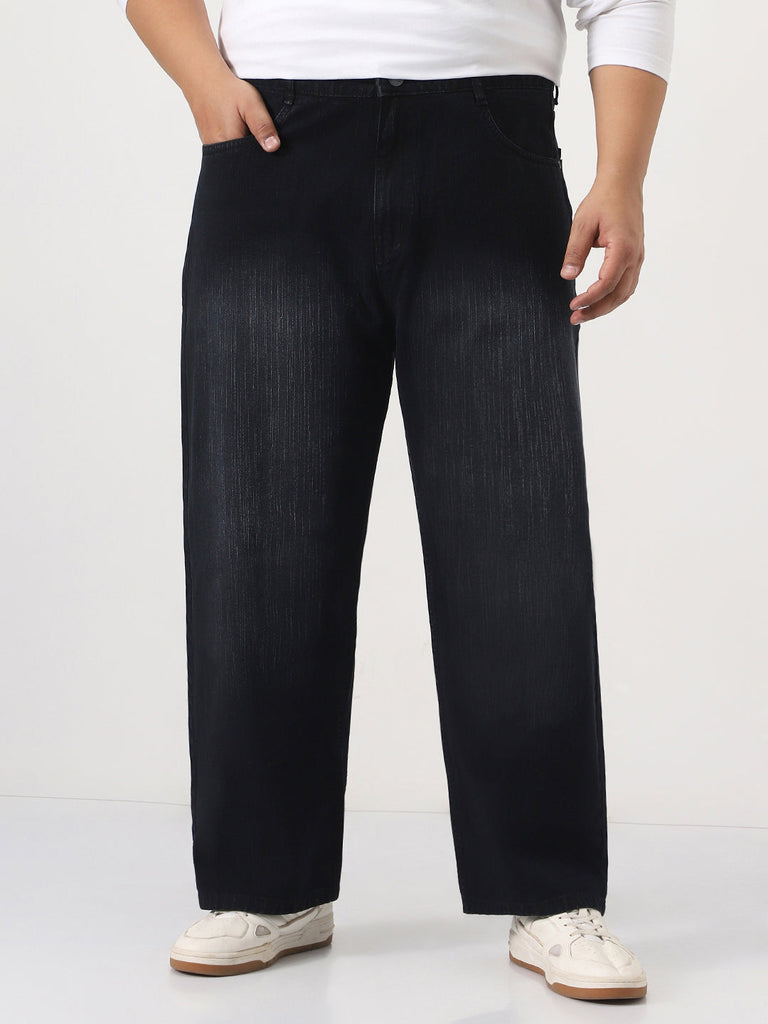 Plus Men's Black Loose Baggy Fit Washed Denim Jeans Non-Stretchable