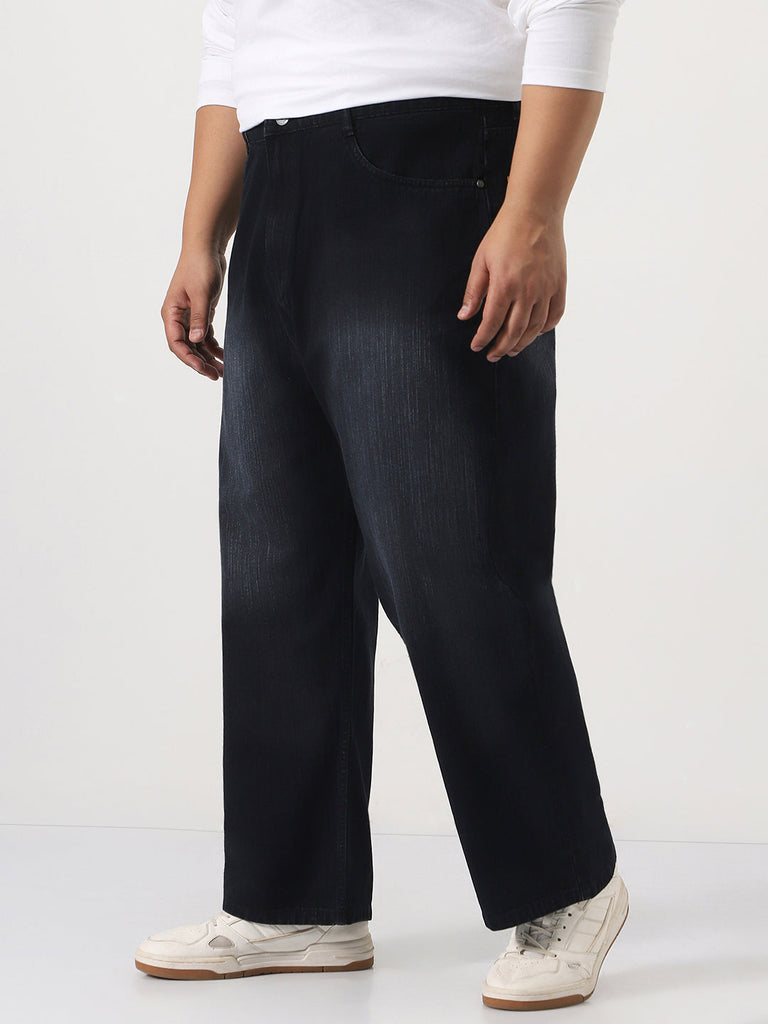 Plus Men's Black Loose Baggy Fit Washed Denim Jeans Non-Stretchable