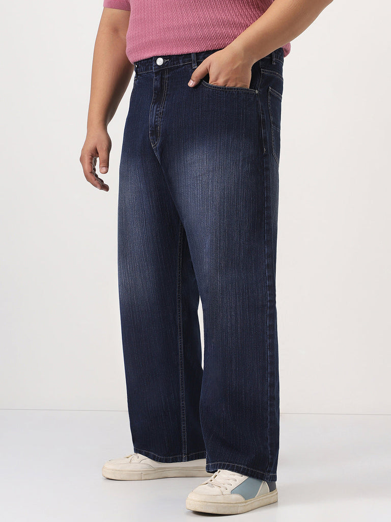 Plus Men's Dark Blue Loose Baggy Fit Washed Denim Jeans Non-Stretchable