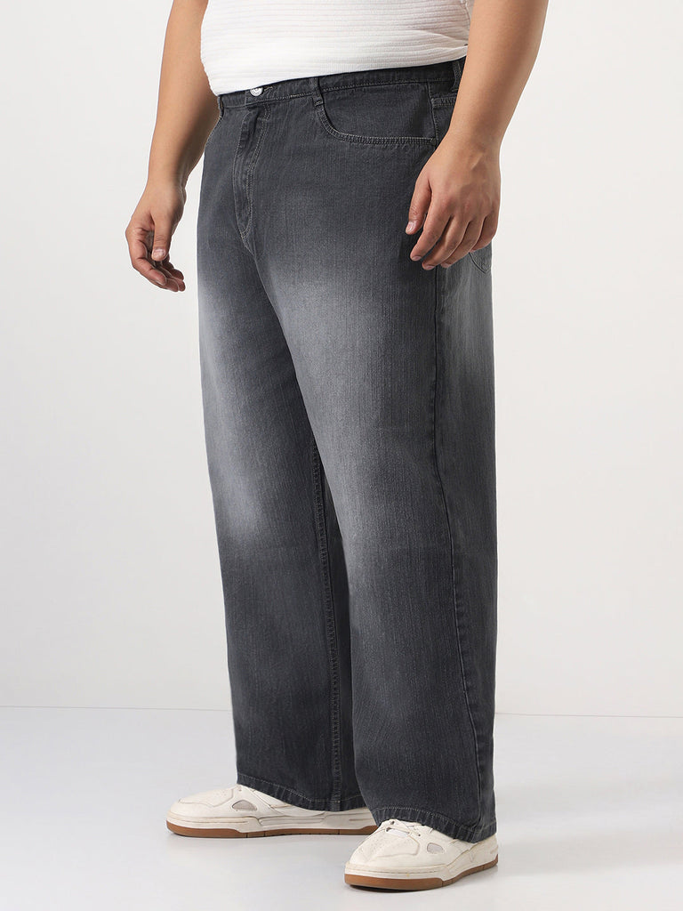 Plus Men's Dark Grey Loose Baggy Fit Washed Denim Jeans Non-Stretchable