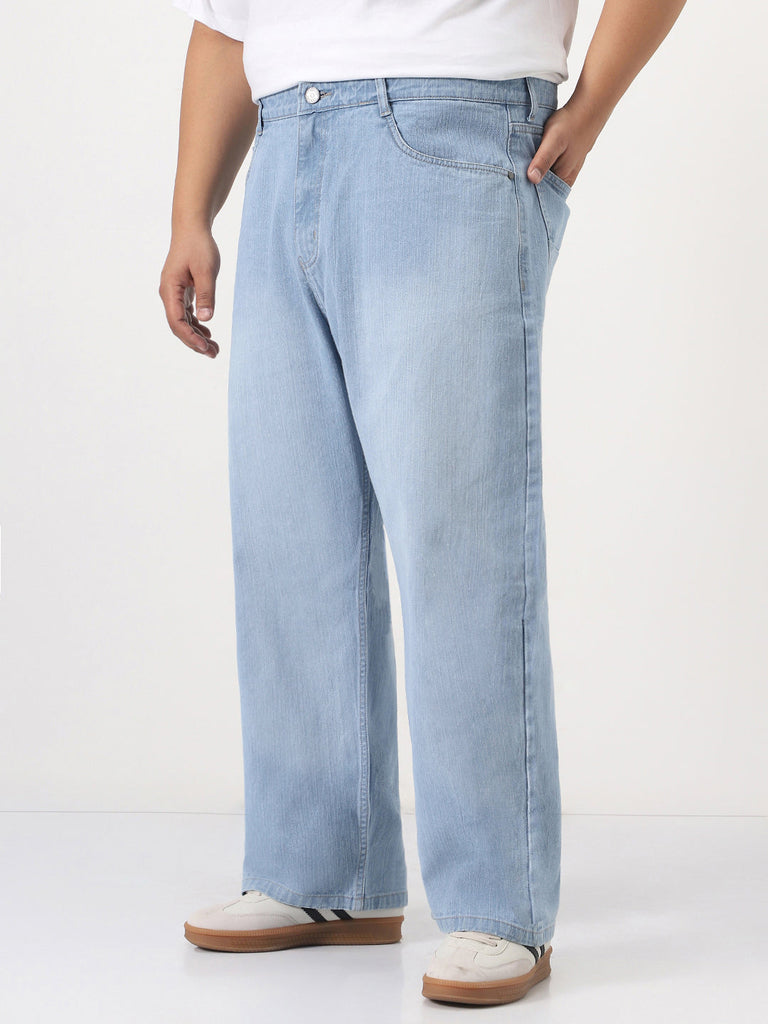 Plus Men's Ice Blue Loose Baggy Fit Washed Denim Jeans Non-Stretchable
