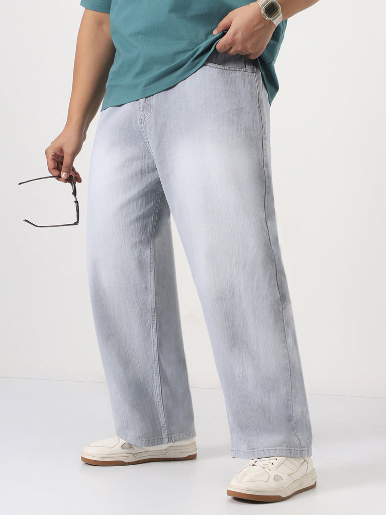 Plus Men's Ice Grey Loose Baggy Fit Washed Denim Jeans Non-Stretchable
