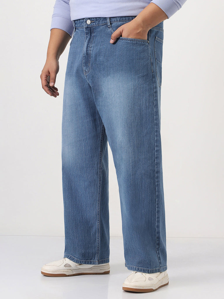 Plus Men's Light Blue Loose Baggy Fit Washed Denim Jeans Non-Stretchable