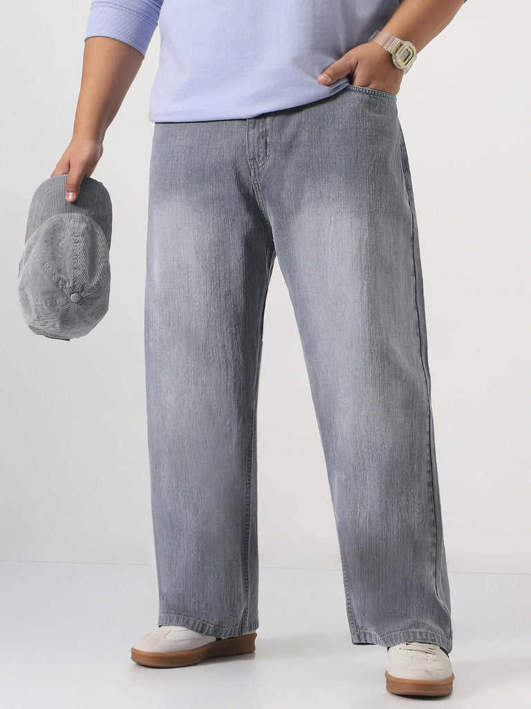Plus Men's Light Grey Loose Baggy Fit Washed Denim Jeans Non-Stretchable