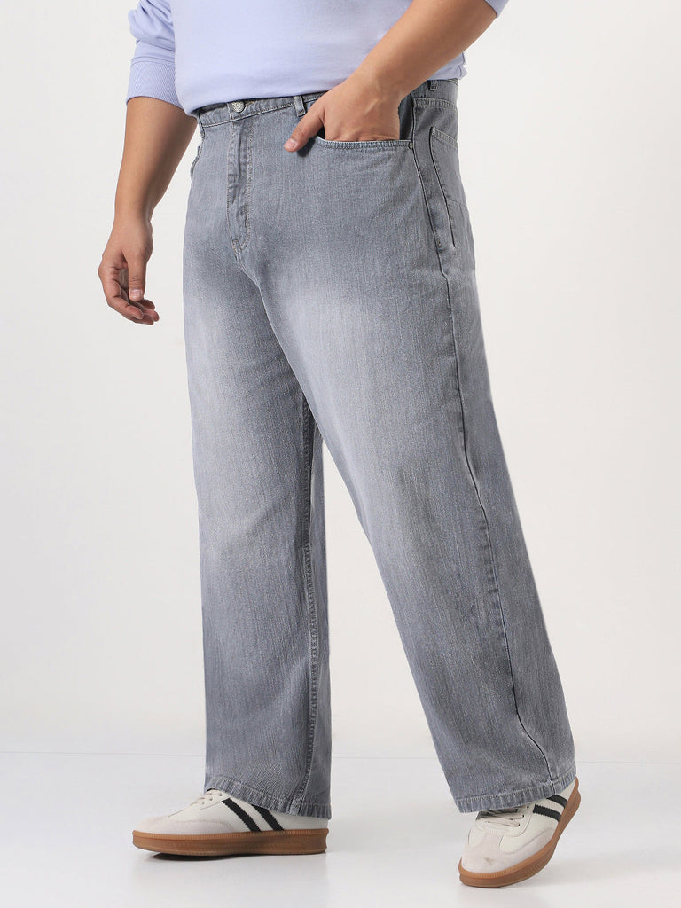 Plus Men's Light Grey Loose Baggy Fit Washed Denim Jeans Non-Stretchable