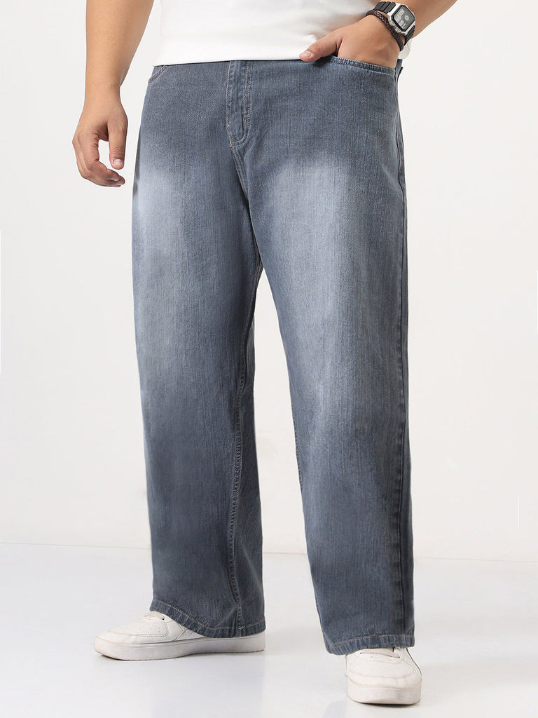 Plus Men's Grey Loose Baggy Fit Washed Denim Jeans Non-Stretchable