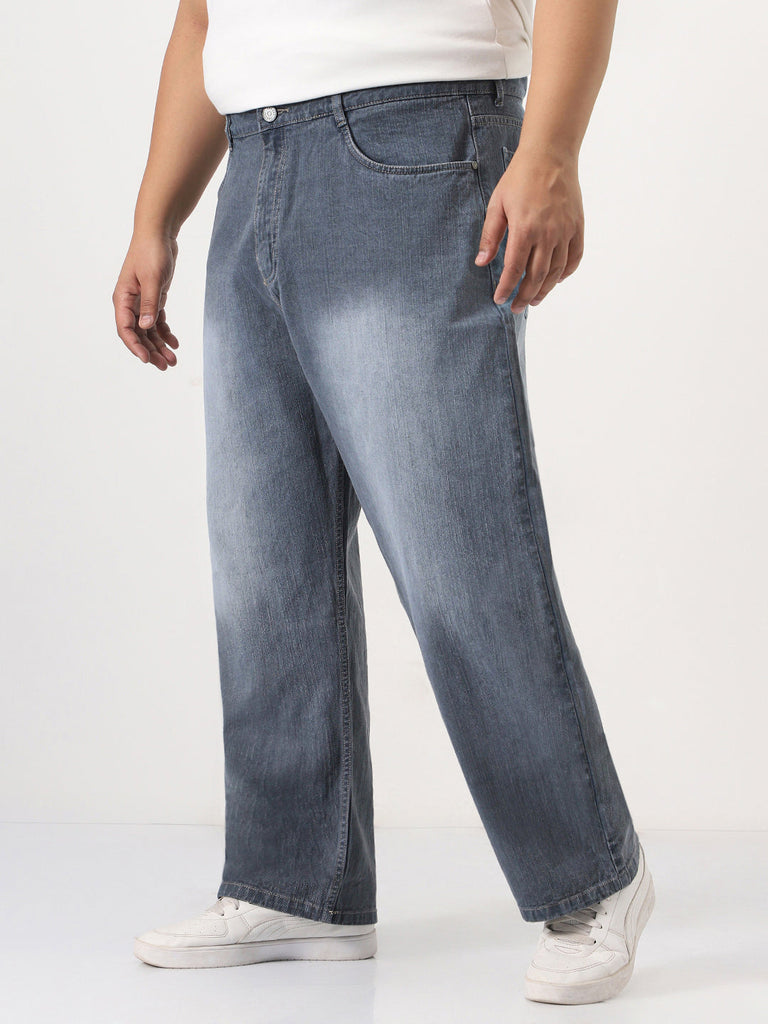 Plus Men's Grey Loose Baggy Fit Washed Denim Jeans Non-Stretchable