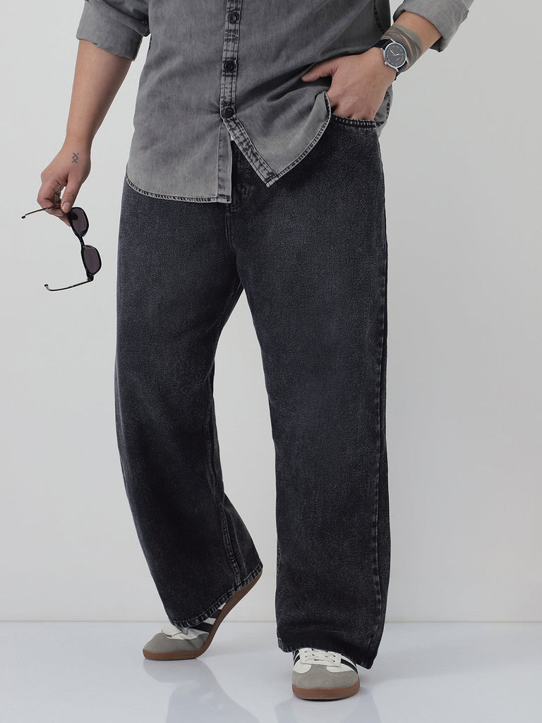 Plus Men's Black Loose Baggy Fit Heavy Washed Jeans Non-Stretchable