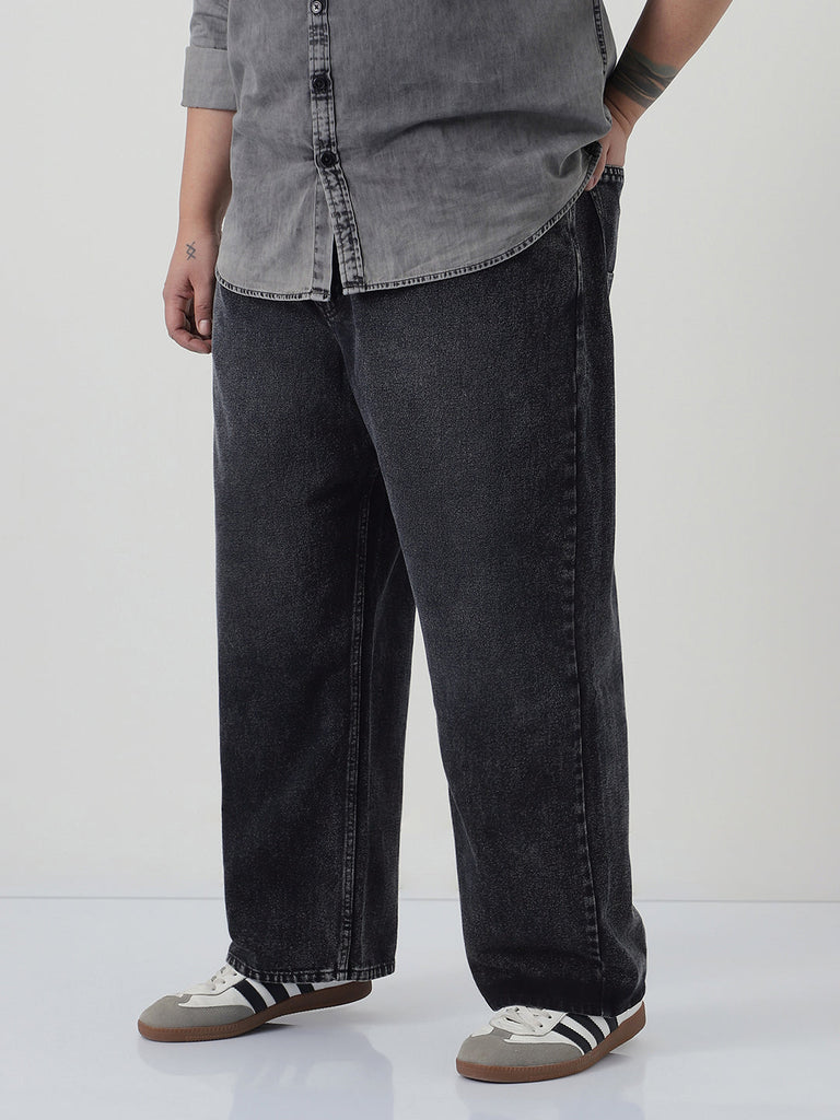 Plus Men's Black Loose Baggy Fit Heavy Washed Jeans Non-Stretchable