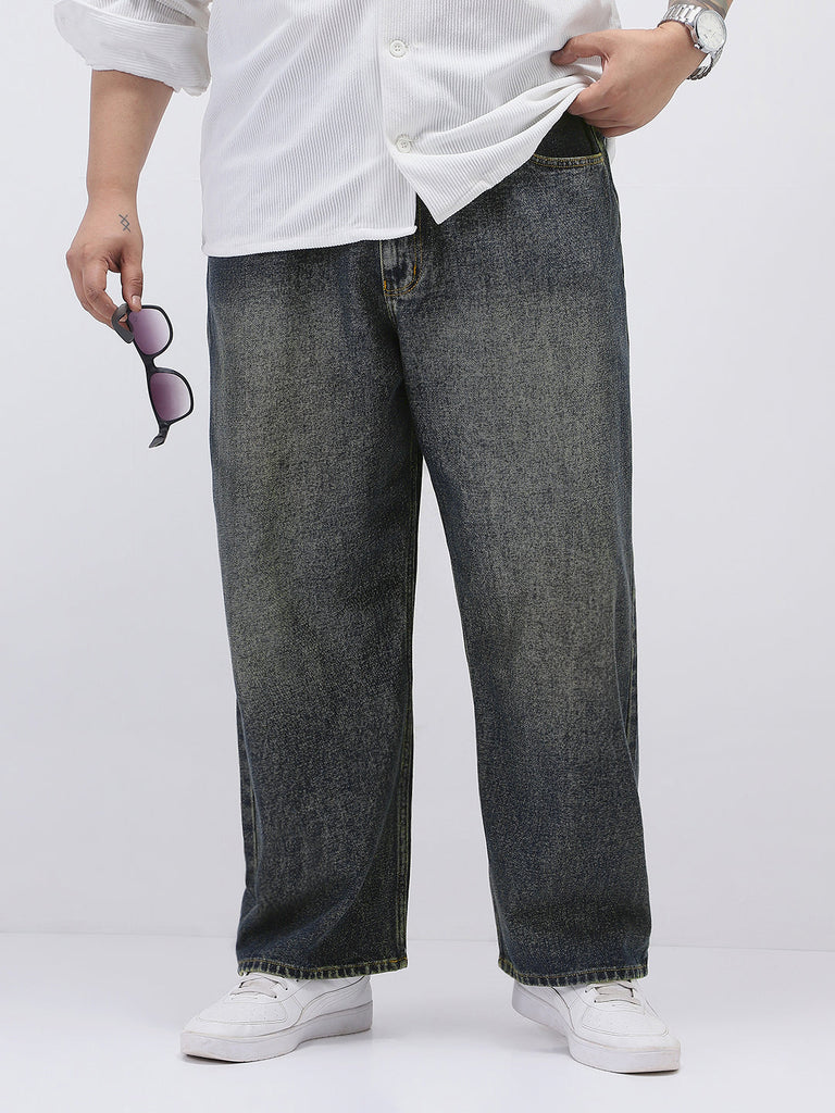 Plus Men's Dark Blue Loose Baggy Fit Heavy Washed Jeans Non-Stretchable