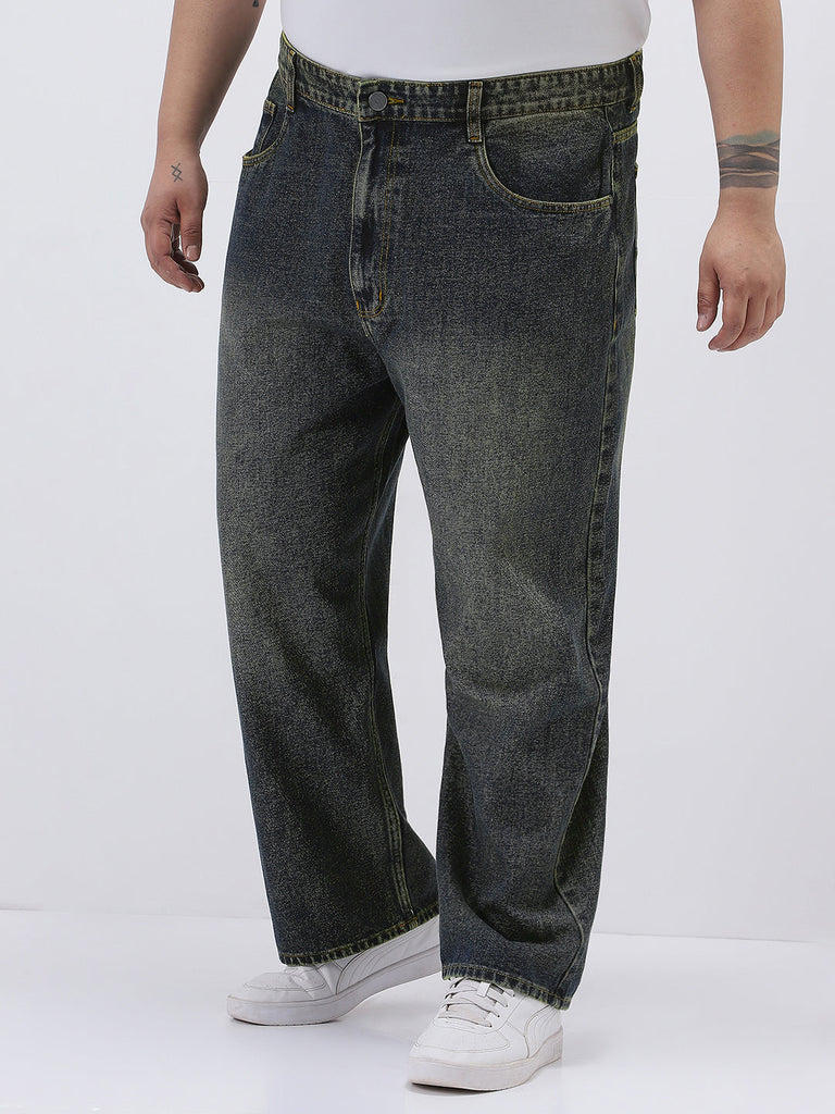 Plus Men's Dark Blue Loose Baggy Fit Heavy Washed Jeans Non-Stretchable