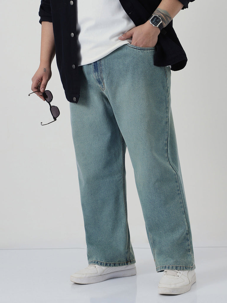 Plus Men's Ice Blue Loose Baggy Fit Heavy Washed Jeans Non-Stretchable