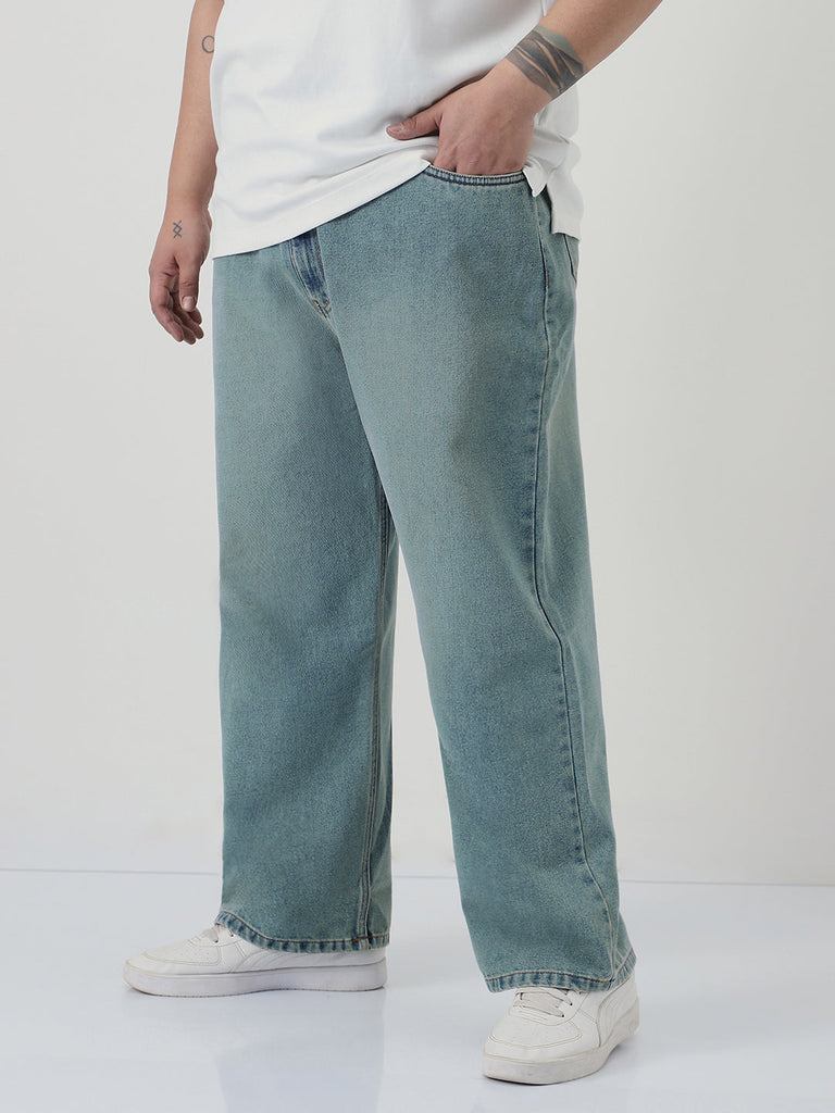 Plus Men's Ice Blue Loose Baggy Fit Heavy Washed Jeans Non-Stretchable