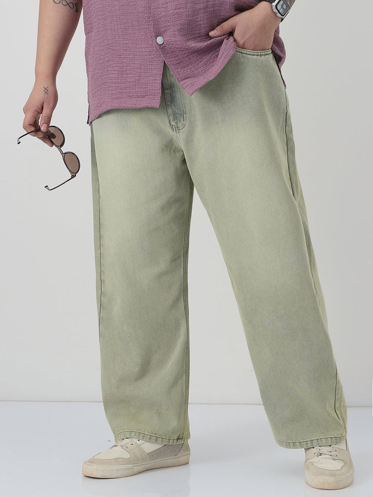 Plus Men's Ice Grey Loose Baggy Fit Heavy Washed Jeans Non-Stretchable