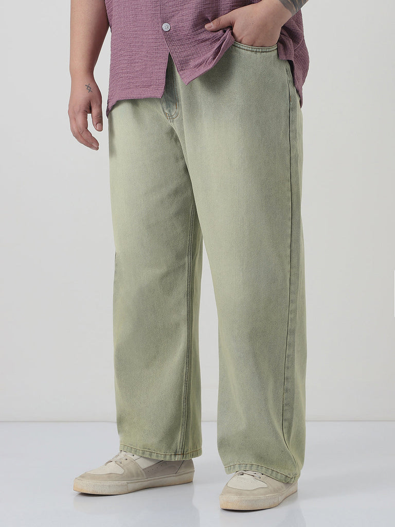 Plus Men's Ice Grey Loose Baggy Fit Heavy Washed Jeans Non-Stretchable