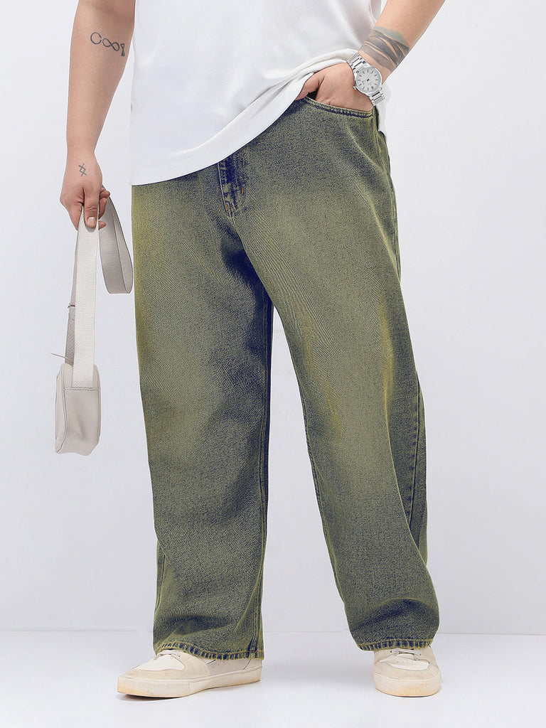 Plus Men's Light Blue Loose Baggy Fit Heavy Washed Jeans Non-Stretchable