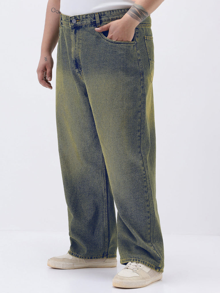 Plus Men's Light Blue Loose Baggy Fit Heavy Washed Jeans Non-Stretchable