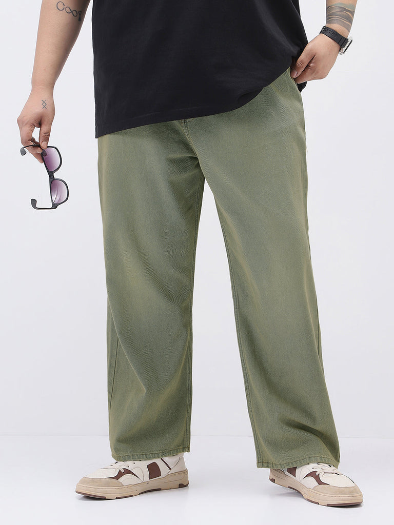 Plus Men's Light Grey Loose Baggy Fit Heavy Washed Jeans Non-Stretchable