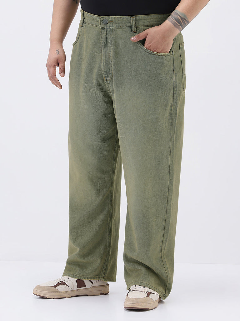 Plus Men's Light Grey Loose Baggy Fit Heavy Washed Jeans Non-Stretchable