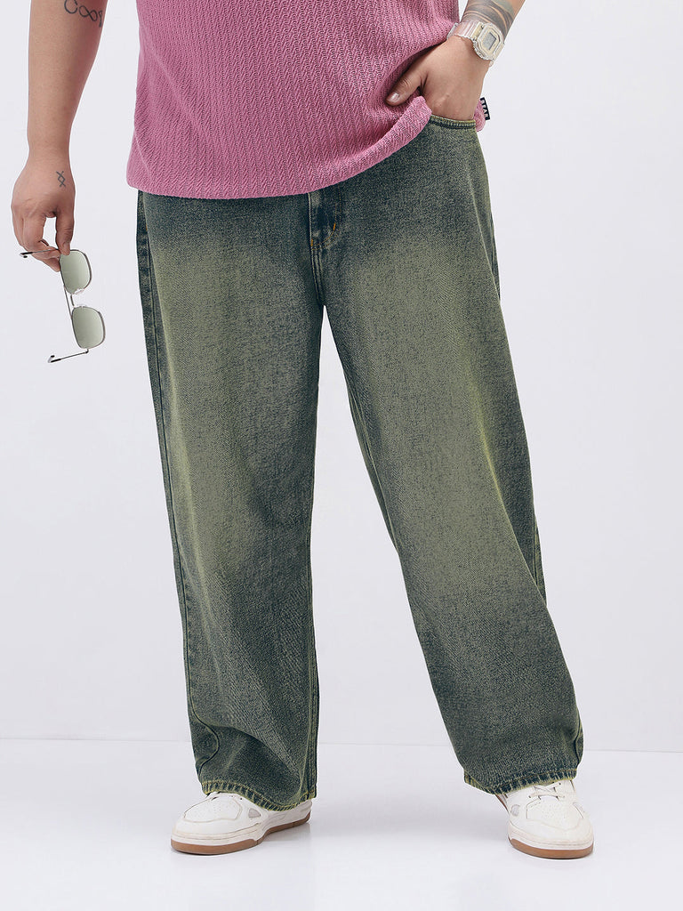 Plus Men's Blue Loose Baggy Fit Heavy Washed Jeans Non-Stretchable