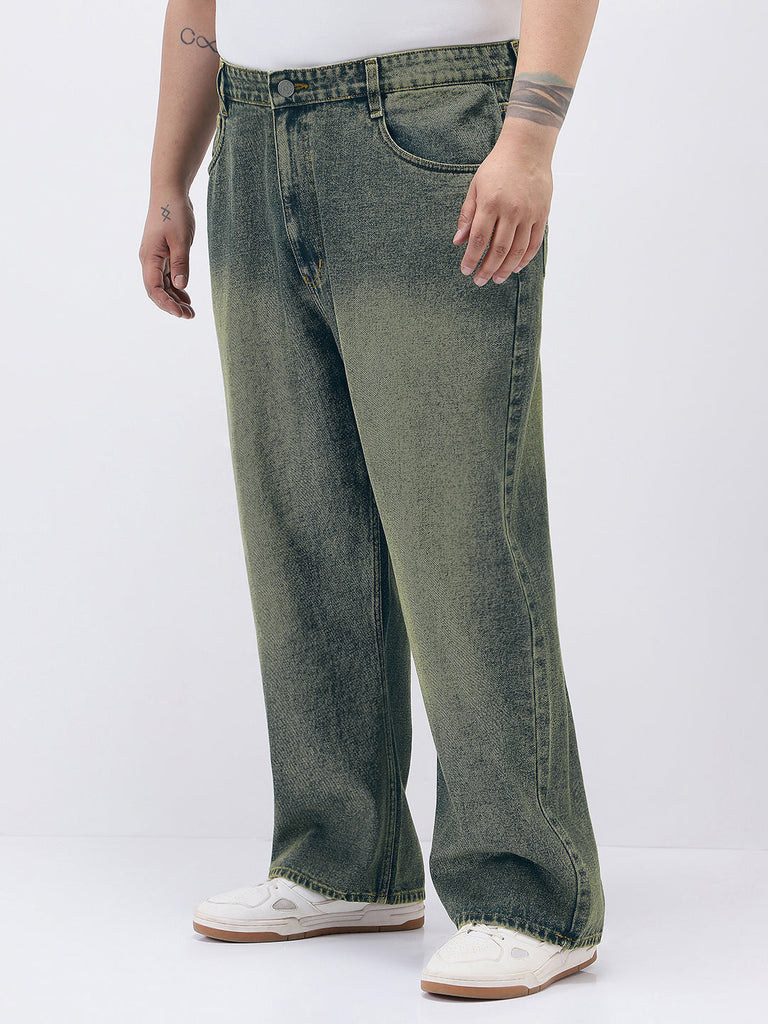 Plus Men's Blue Loose Baggy Fit Heavy Washed Jeans Non-Stretchable