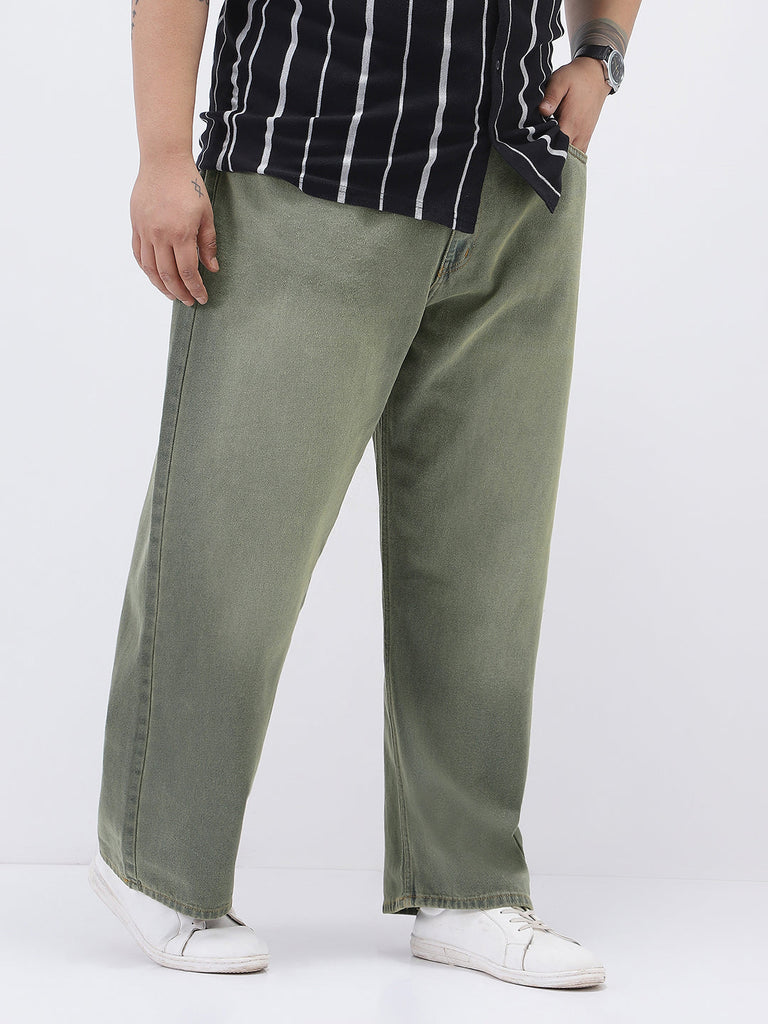 Plus Men's Grey Loose Baggy Fit Heavy Washed Jeans Non-Stretchable