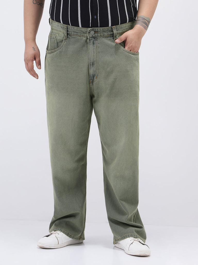 Plus Men's Grey Loose Baggy Fit Heavy Washed Jeans Non-Stretchable