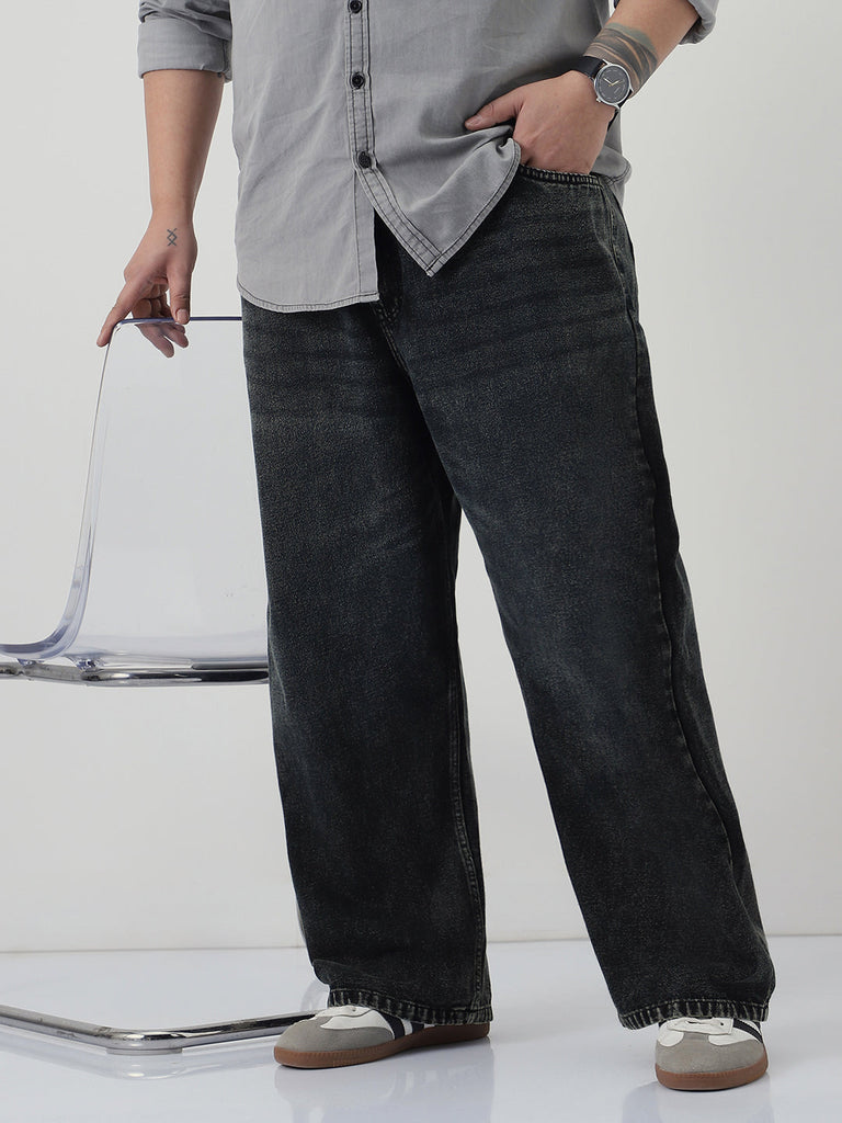 Plus Men's Black Loose Baggy Fit Heavy Washed Jeans Non-Stretchable