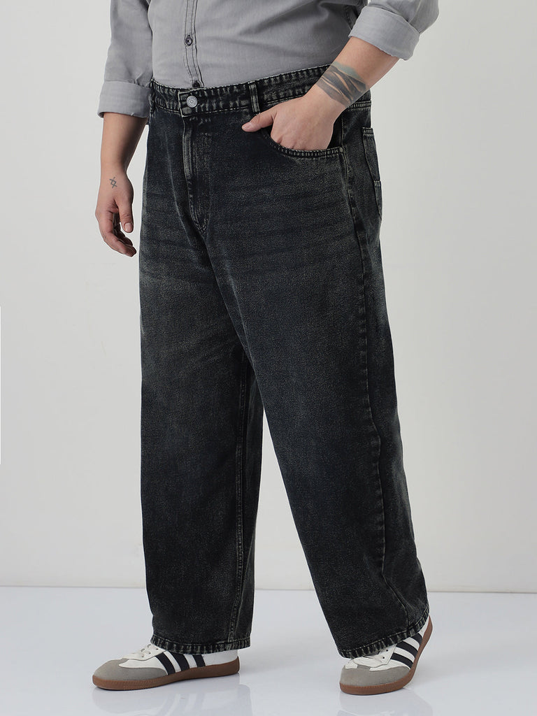 Plus Men's Black Loose Baggy Fit Heavy Washed Jeans Non-Stretchable