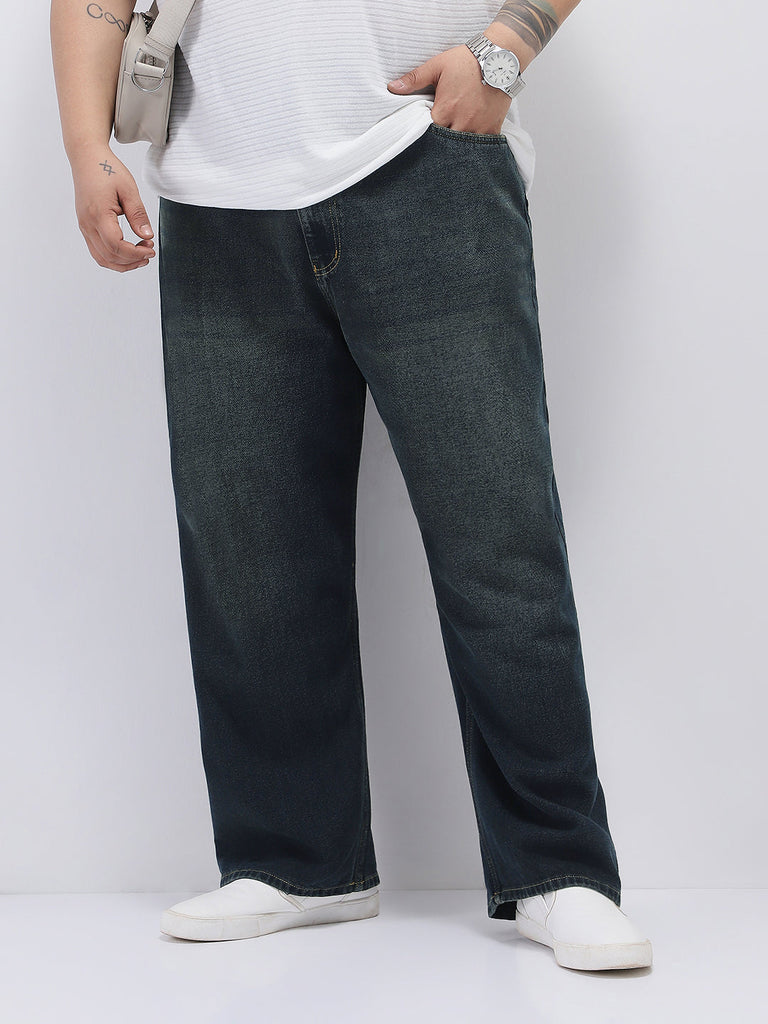 Plus Men's Carbon Blue Loose Baggy Fit Heavy Washed Jeans Non-Stretchable