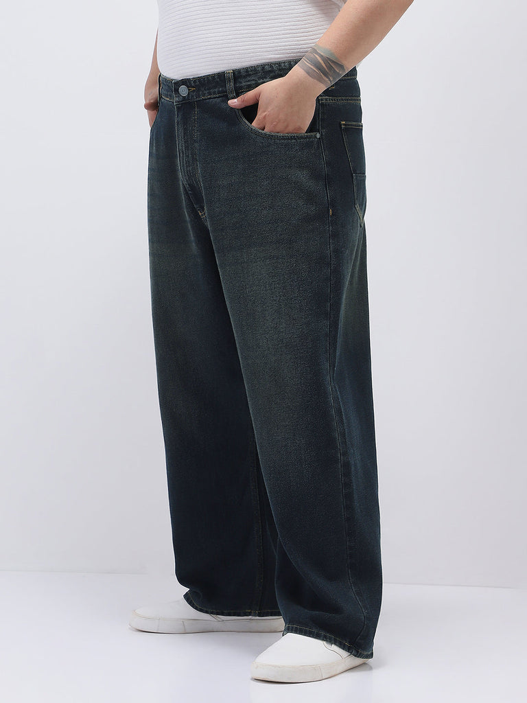 Plus Men's Carbon Blue Loose Baggy Fit Heavy Washed Jeans Non-Stretchable